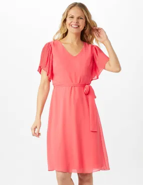 Chiffon Short Pleated Sleeve Dress with Soft Self Fabric Belt
