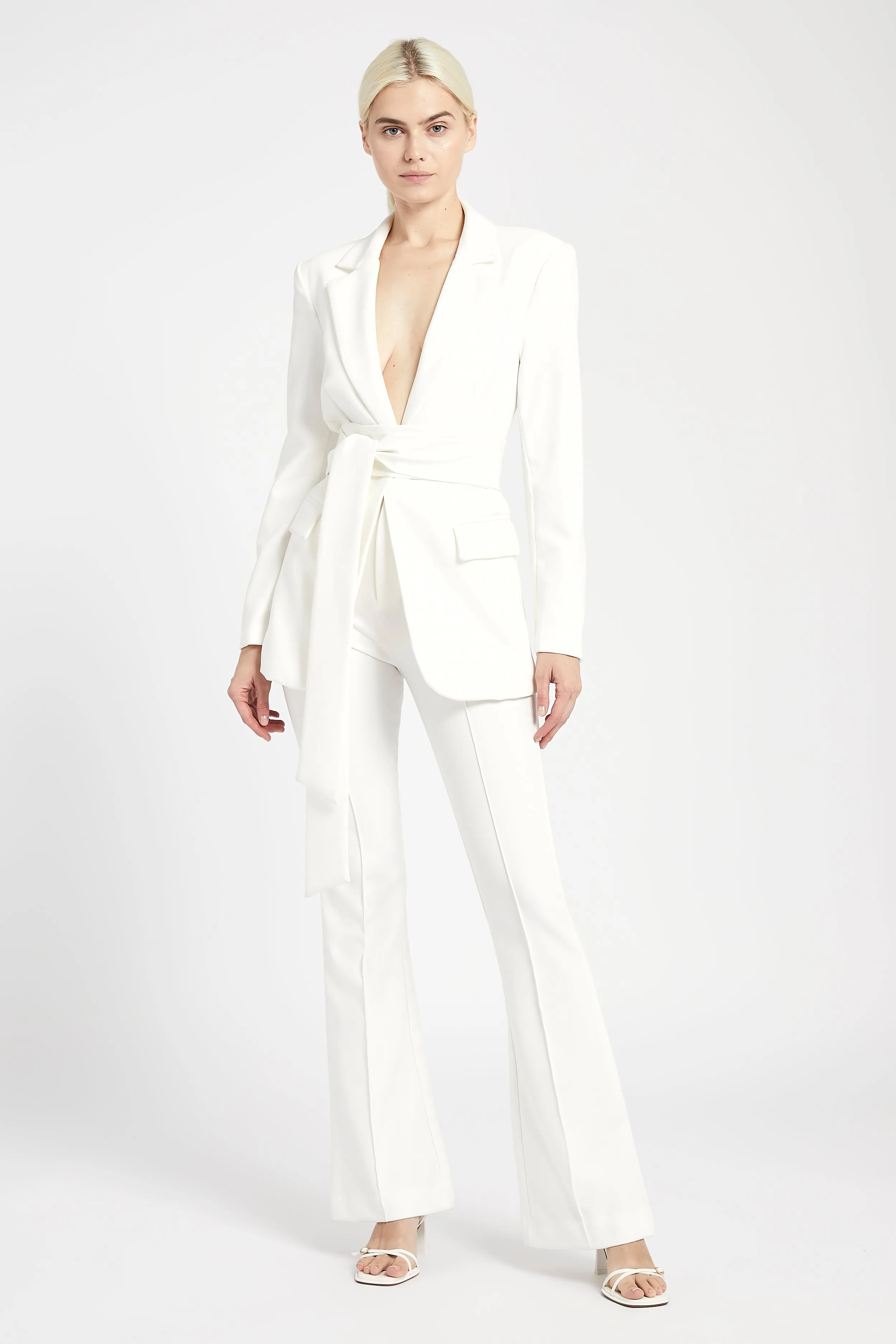 Classic Blazer With Belt - White