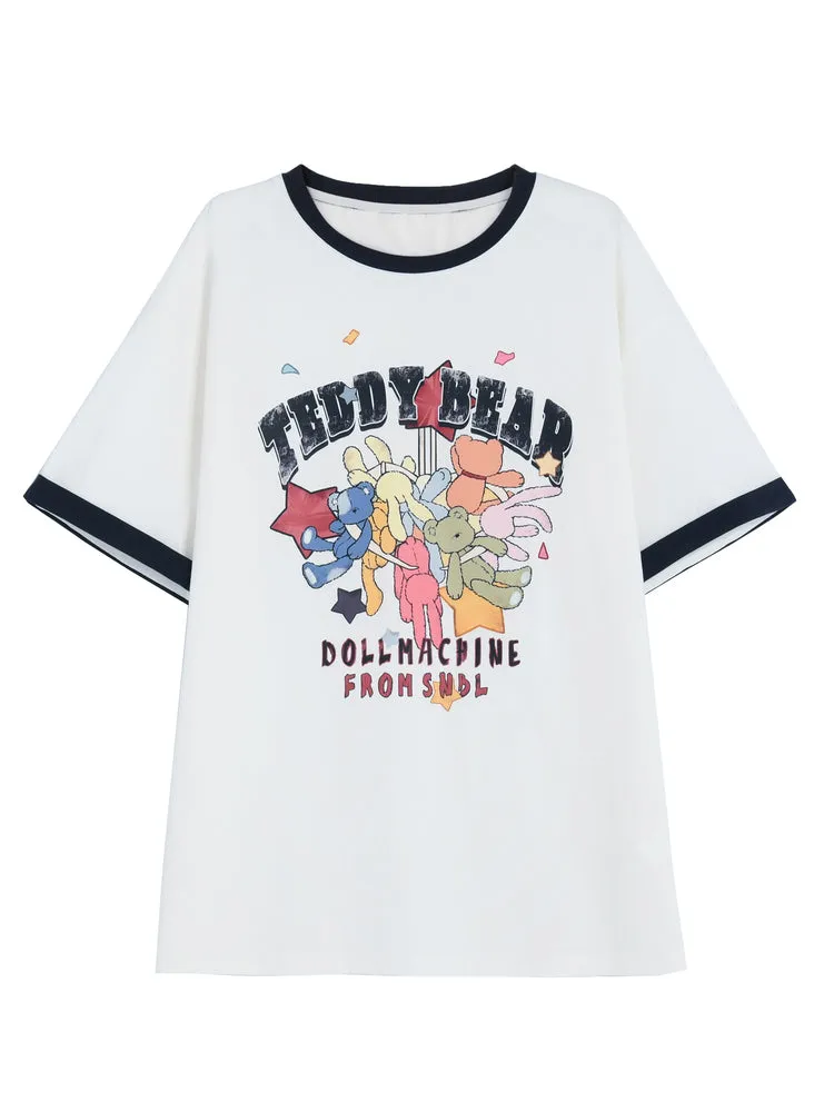 Cute Sweet Cartoon Print Round Neck All-match T-shirt