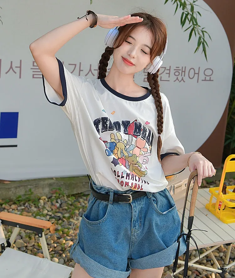 Cute Sweet Cartoon Print Round Neck All-match T-shirt