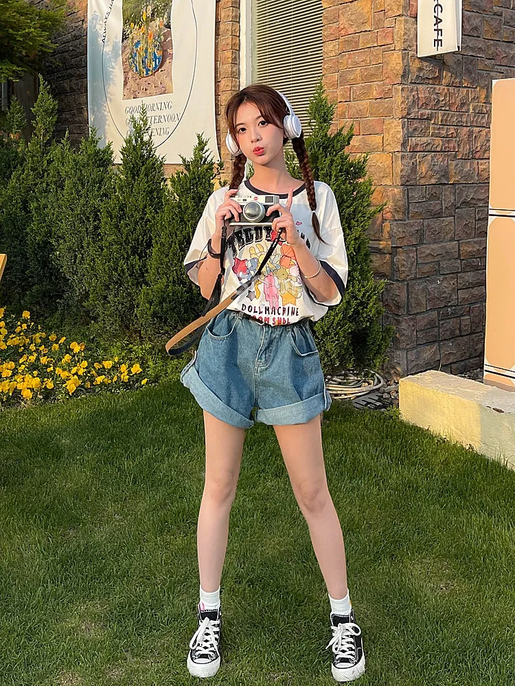 Cute Sweet Cartoon Print Round Neck All-match T-shirt