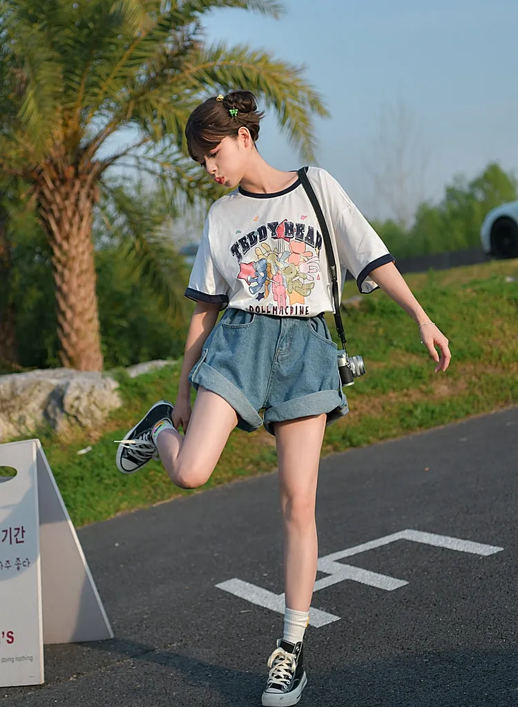 Cute Sweet Cartoon Print Round Neck All-match T-shirt