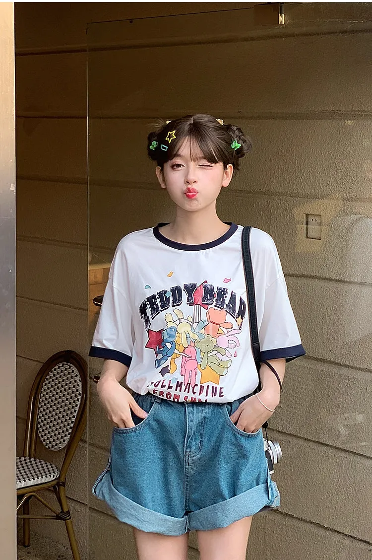 Cute Sweet Cartoon Print Round Neck All-match T-shirt