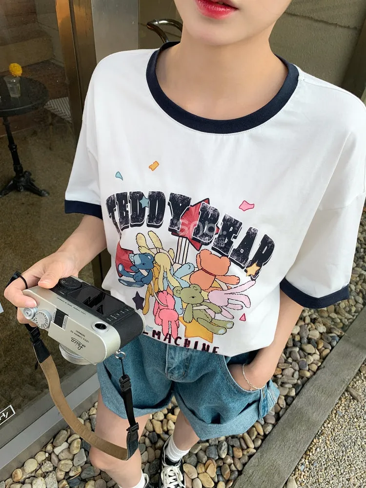 Cute Sweet Cartoon Print Round Neck All-match T-shirt
