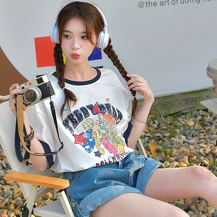 Cute Sweet Cartoon Print Round Neck All-match T-shirt