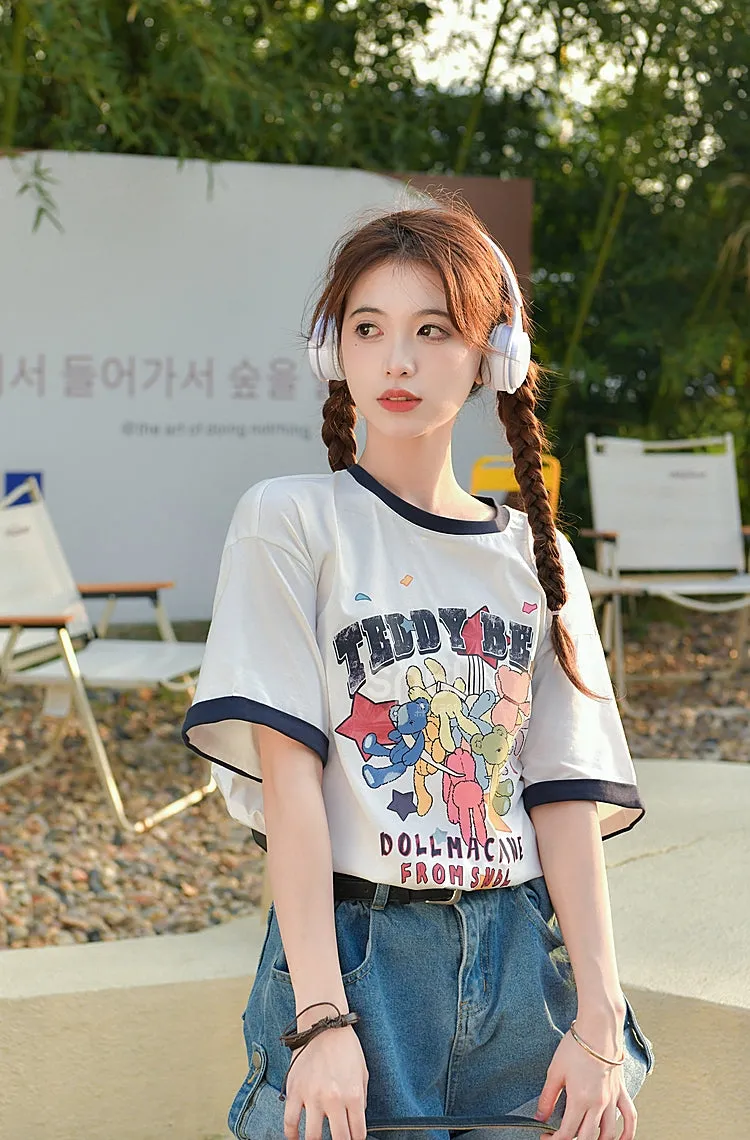 Cute Sweet Cartoon Print Round Neck All-match T-shirt