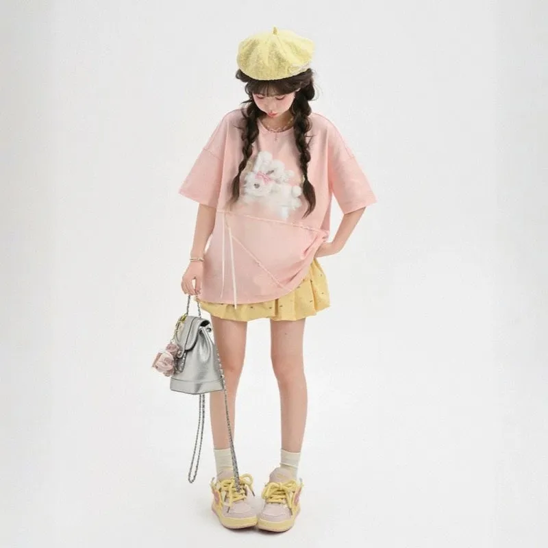Cute Sweet Style Bunny Embroidered Short-Sleeved T-shirt
