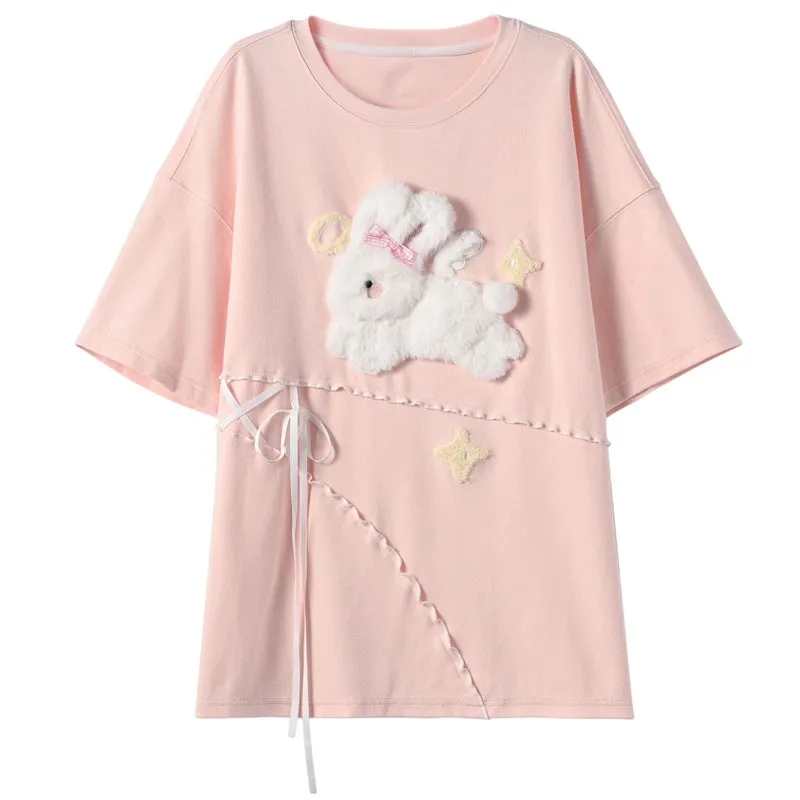 Cute Sweet Style Bunny Embroidered Short-Sleeved T-shirt