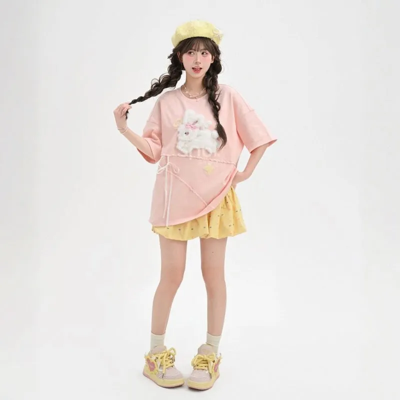 Cute Sweet Style Bunny Embroidered Short-Sleeved T-shirt