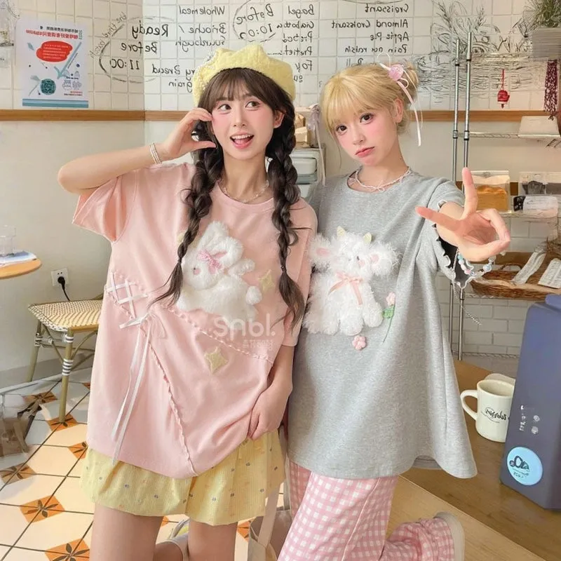 Cute Sweet Style Bunny Embroidered Short-Sleeved T-shirt