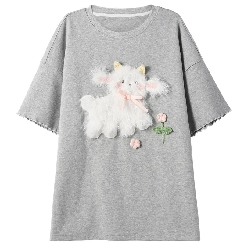 Cute Sweet Style Bunny Embroidered Short-Sleeved T-shirt