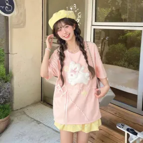 Cute Sweet Style Bunny Embroidered Short-Sleeved T-shirt