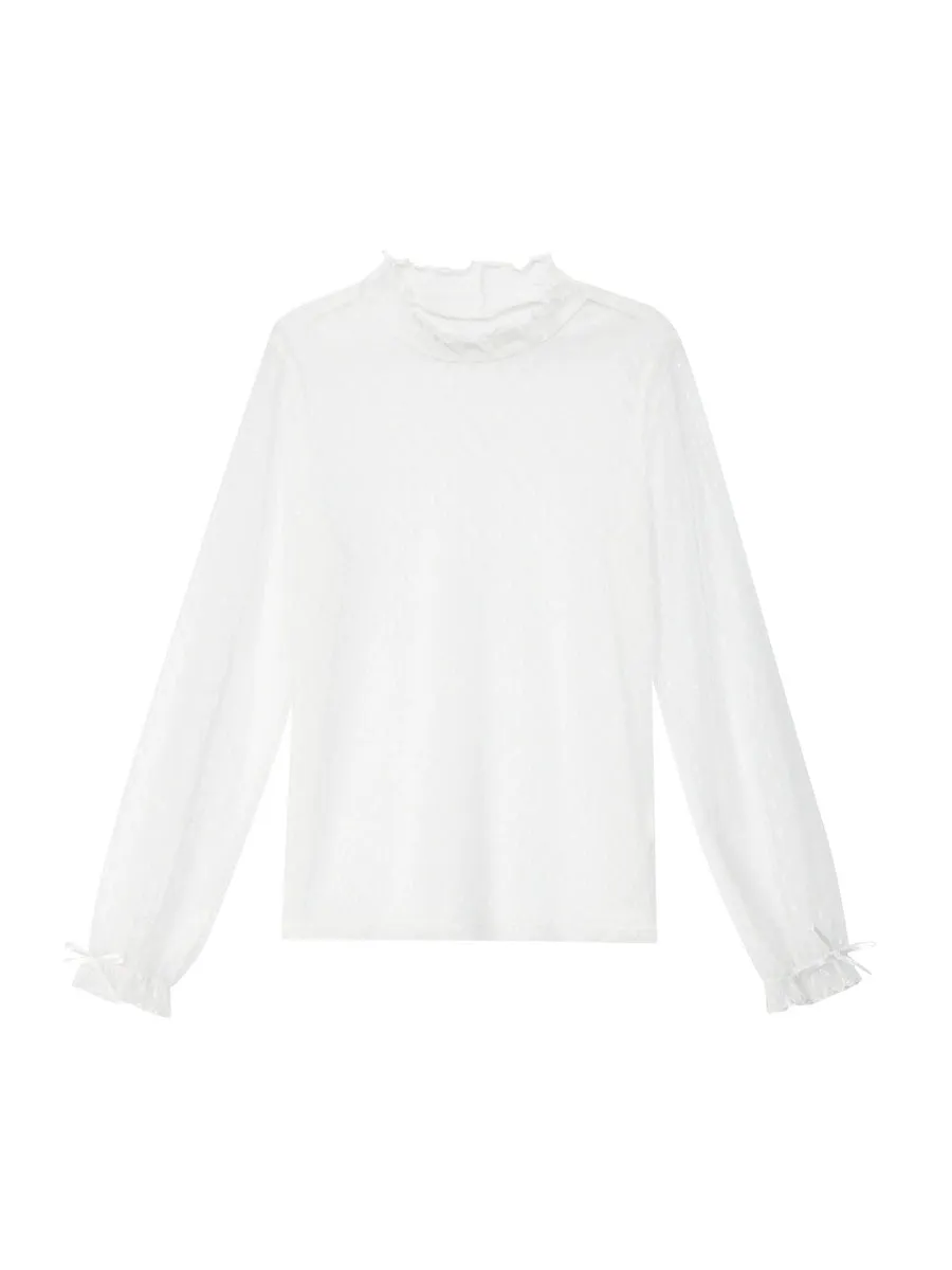 Dainty Dots Sweet Long-Sleeved High Neck Mesh Top