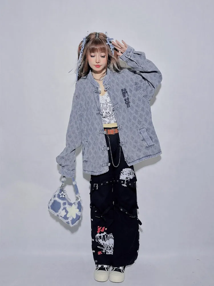 Denim Blue Round Neck Letter Loose Jacket