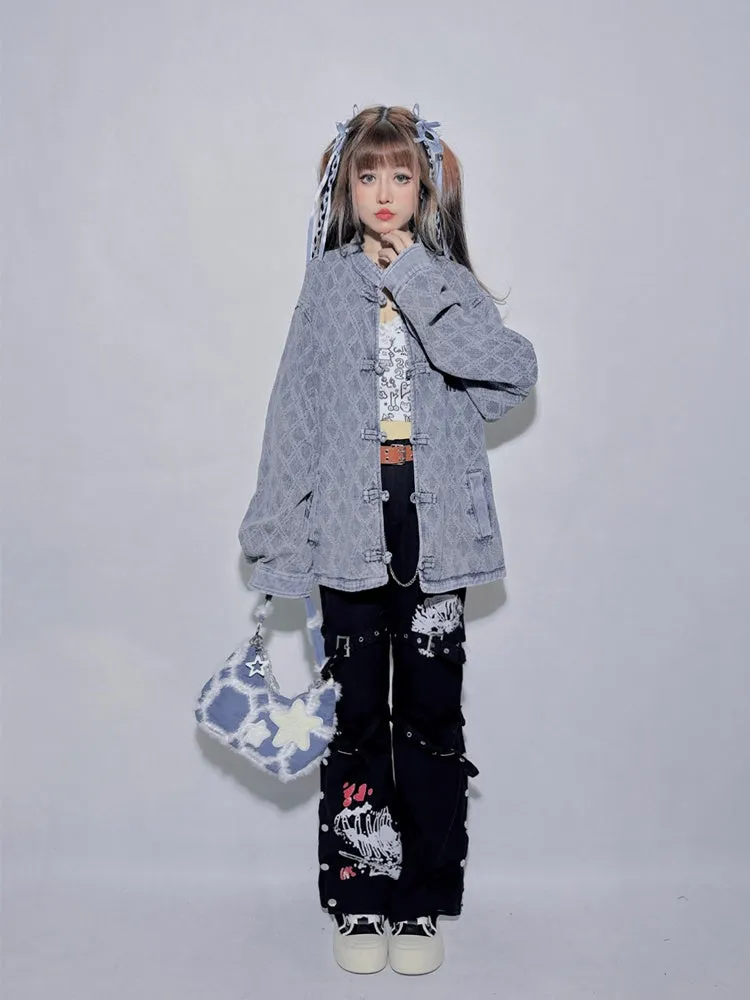 Denim Blue Round Neck Letter Loose Jacket