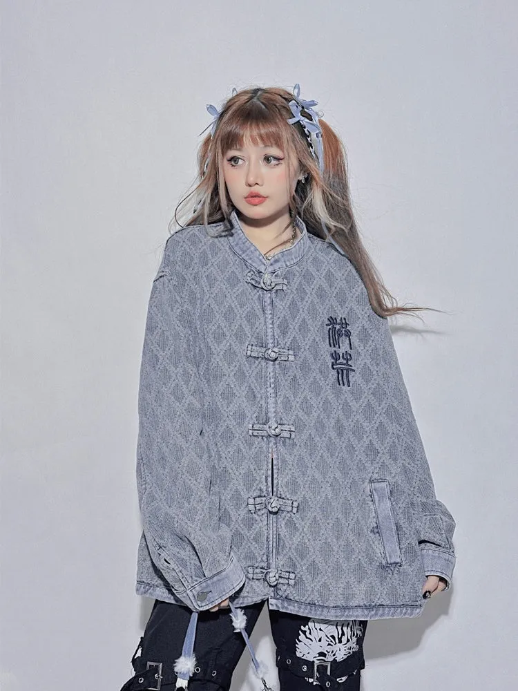 Denim Blue Round Neck Letter Loose Jacket