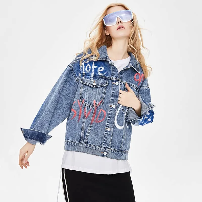 Denim Jacket Loose Cotton Printed Heavy Industry Women's Top