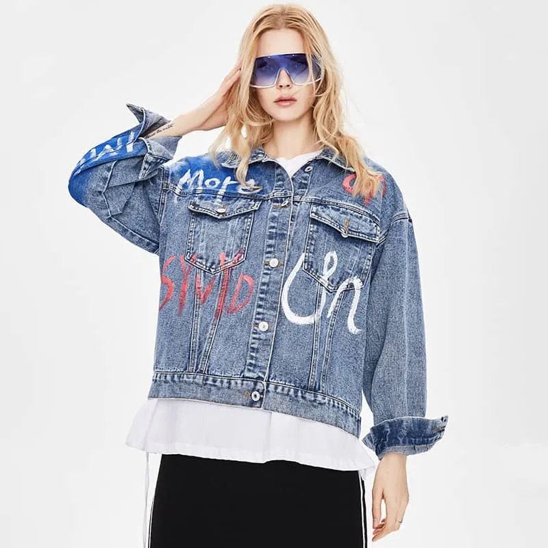 Denim Jacket Loose Cotton Printed Heavy Industry Women's Top