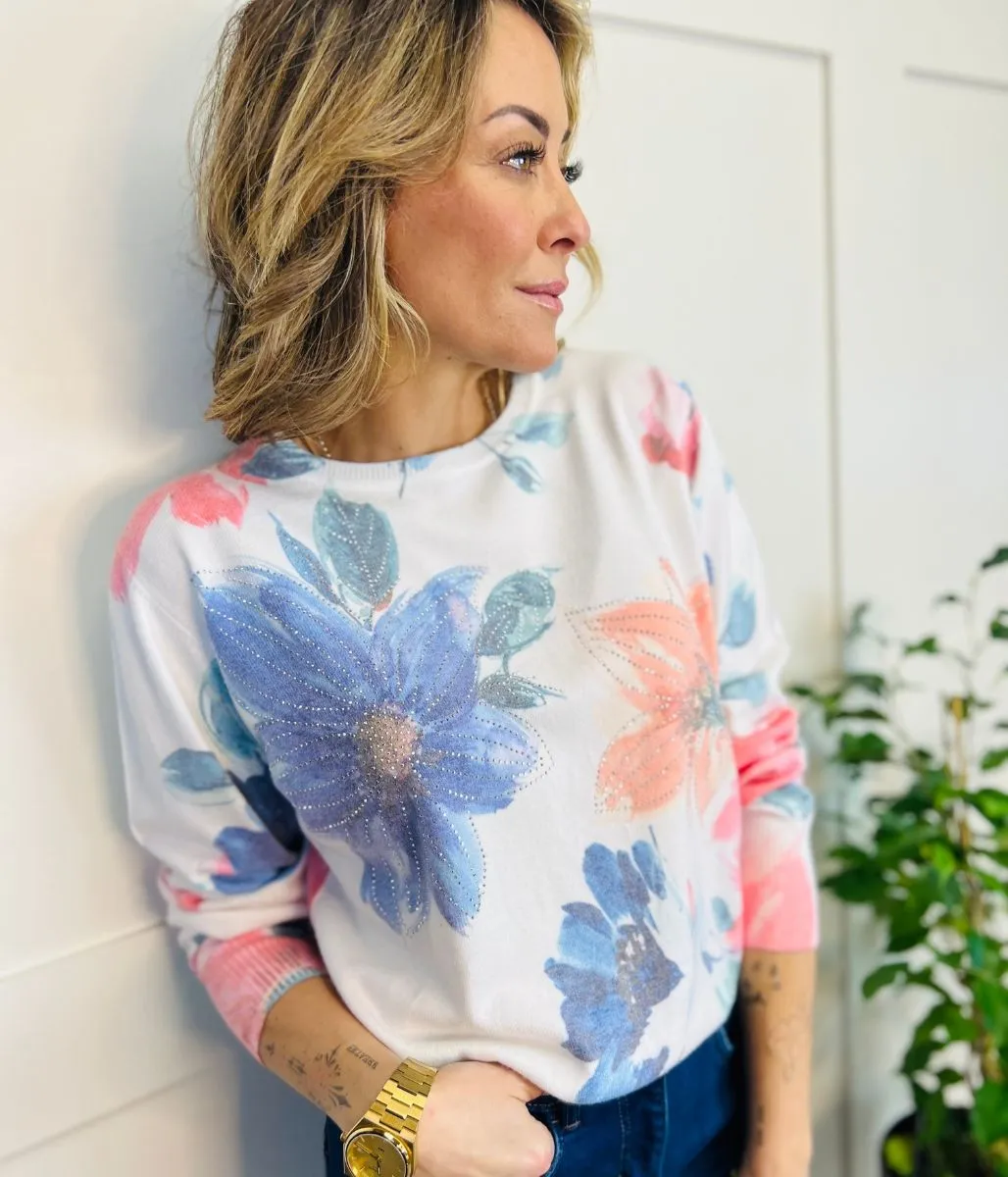 Floral Print Pastel Diamante Spring Jumper