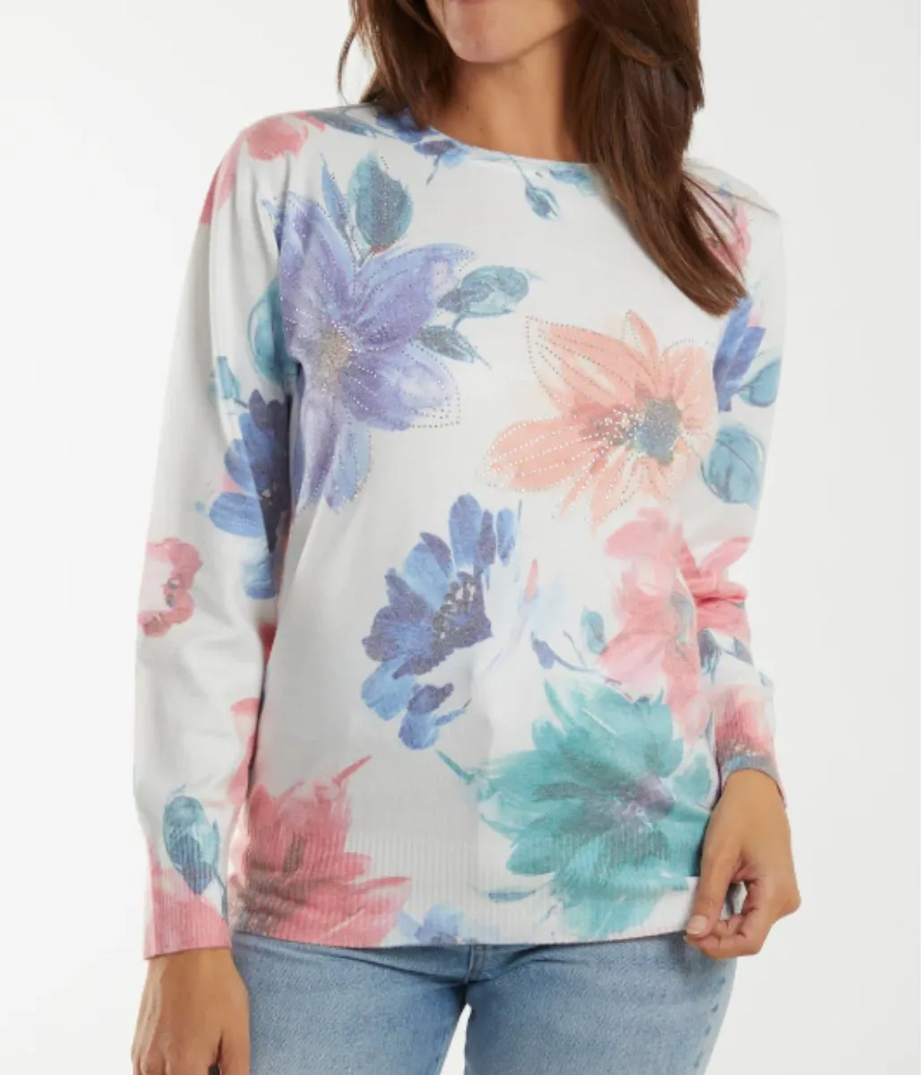 Floral Print Pastel Diamante Spring Jumper