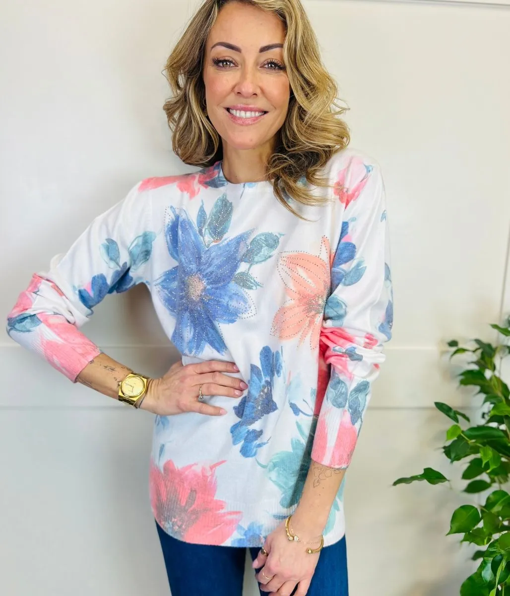 Floral Print Pastel Diamante Spring Jumper