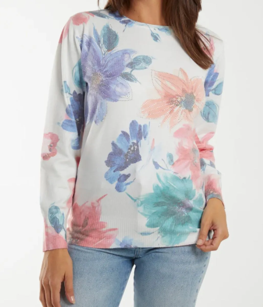 Floral Print Pastel Diamante Spring Jumper