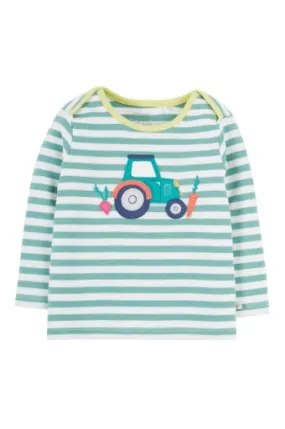 Frugi Bobby Applique Top - Moss Stripe/Tractor