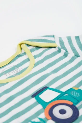 Frugi Bobby Applique Top - Moss Stripe/Tractor