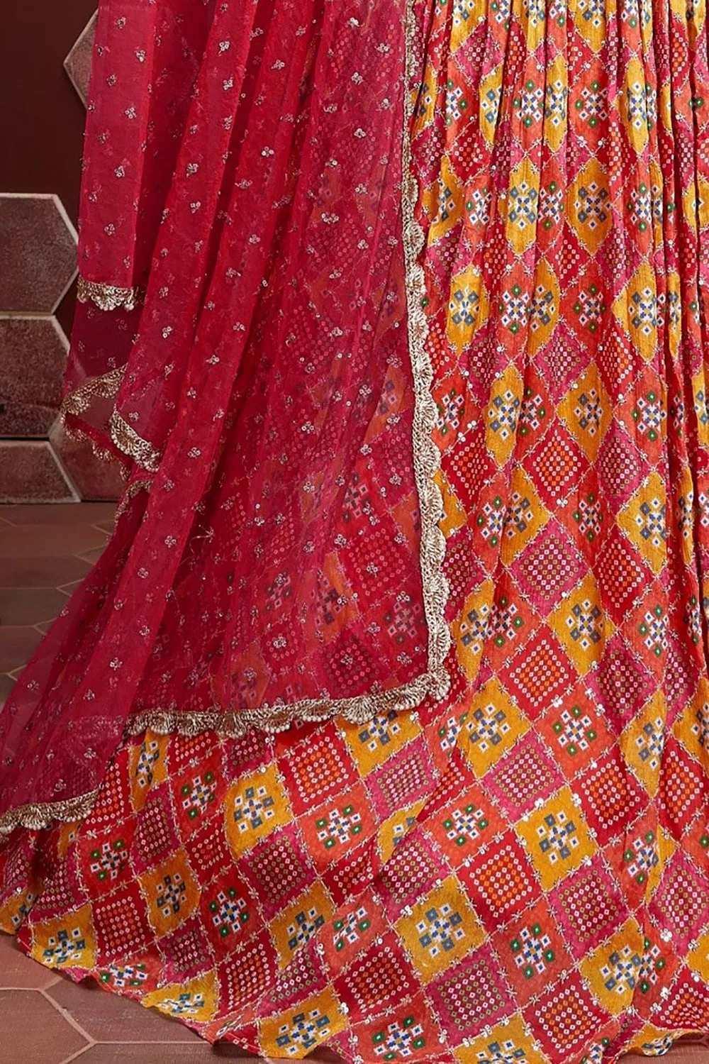 Gorgeous Red Digital Print Chinnon Silk Engagement Wear Lehenga Choli
