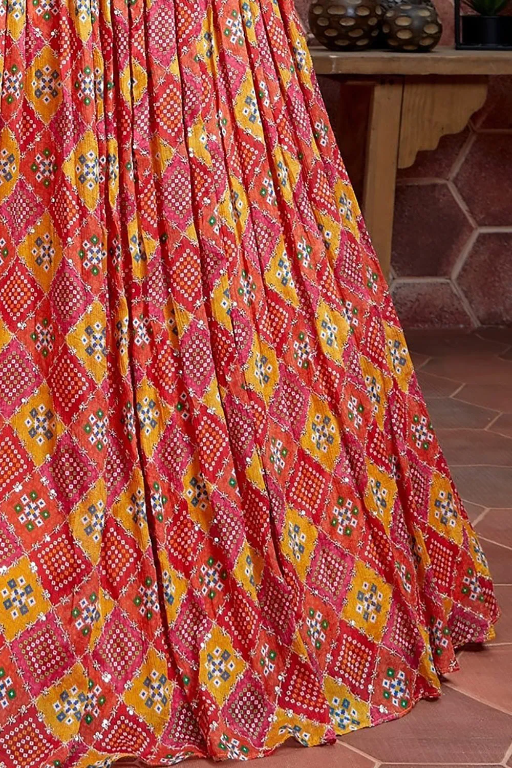 Gorgeous Red Digital Print Chinnon Silk Engagement Wear Lehenga Choli