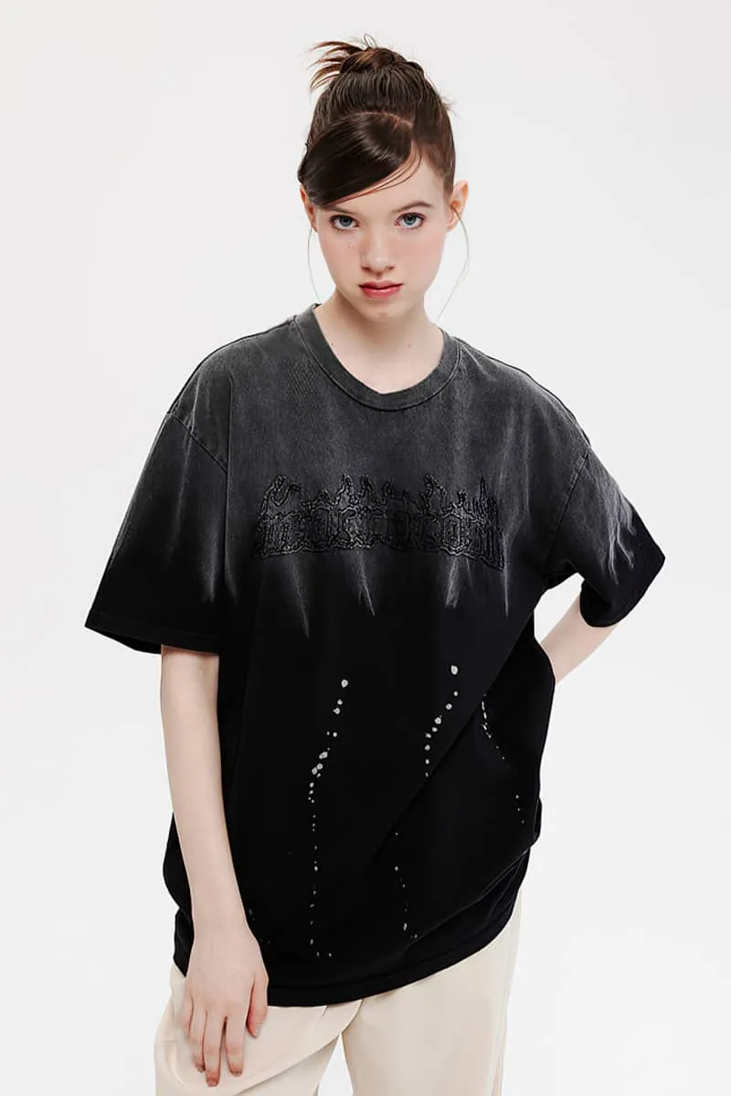 Gradient letter embroidery loose casual couple short-sleeved T-shirt