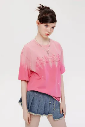 Gradient letter embroidery loose casual couple short-sleeved T-shirt