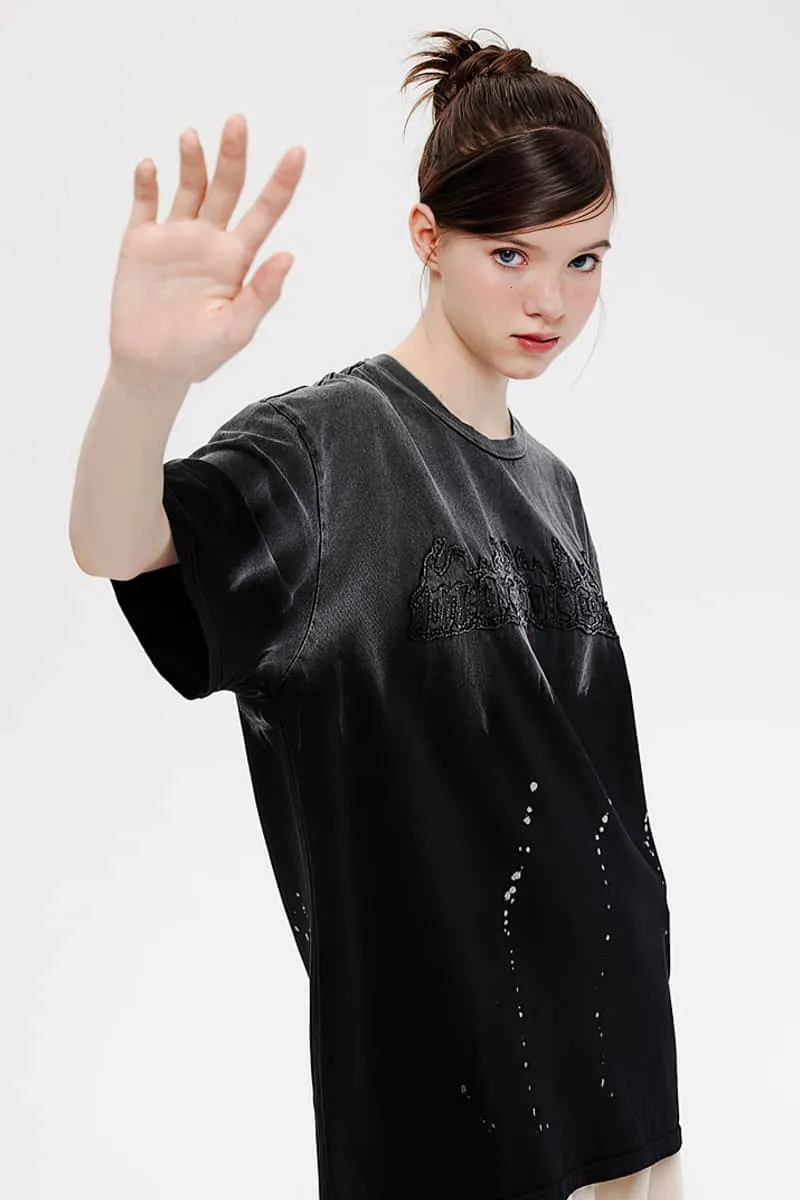 Gradient letter embroidery loose casual couple short-sleeved T-shirt