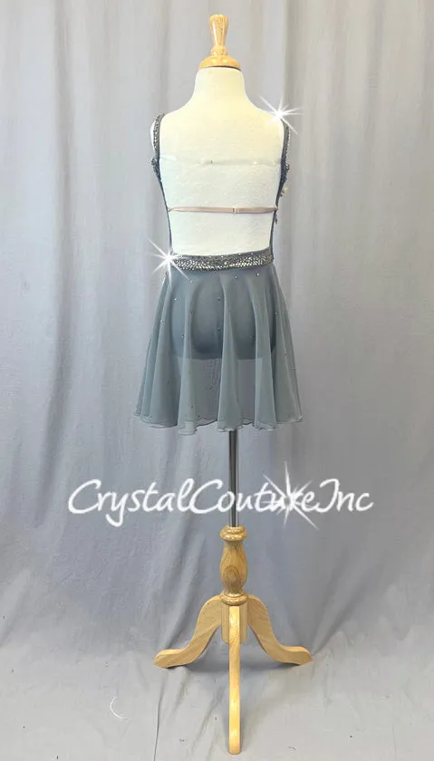 Gray Camisole Open Back Leotard with Attached Mesh Dress - Appliques & Rhinestones