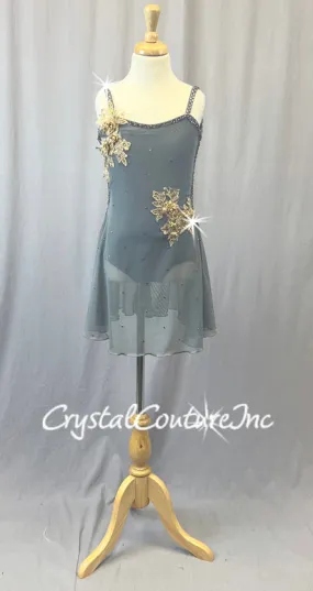 Gray Camisole Open Back Leotard with Attached Mesh Dress - Appliques & Rhinestones
