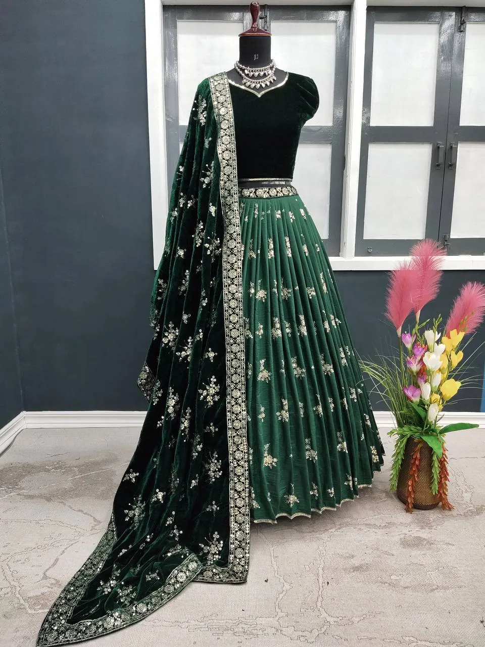 Green Color Sequence Work Silk Lehenga Choli With Velvet Dupatta