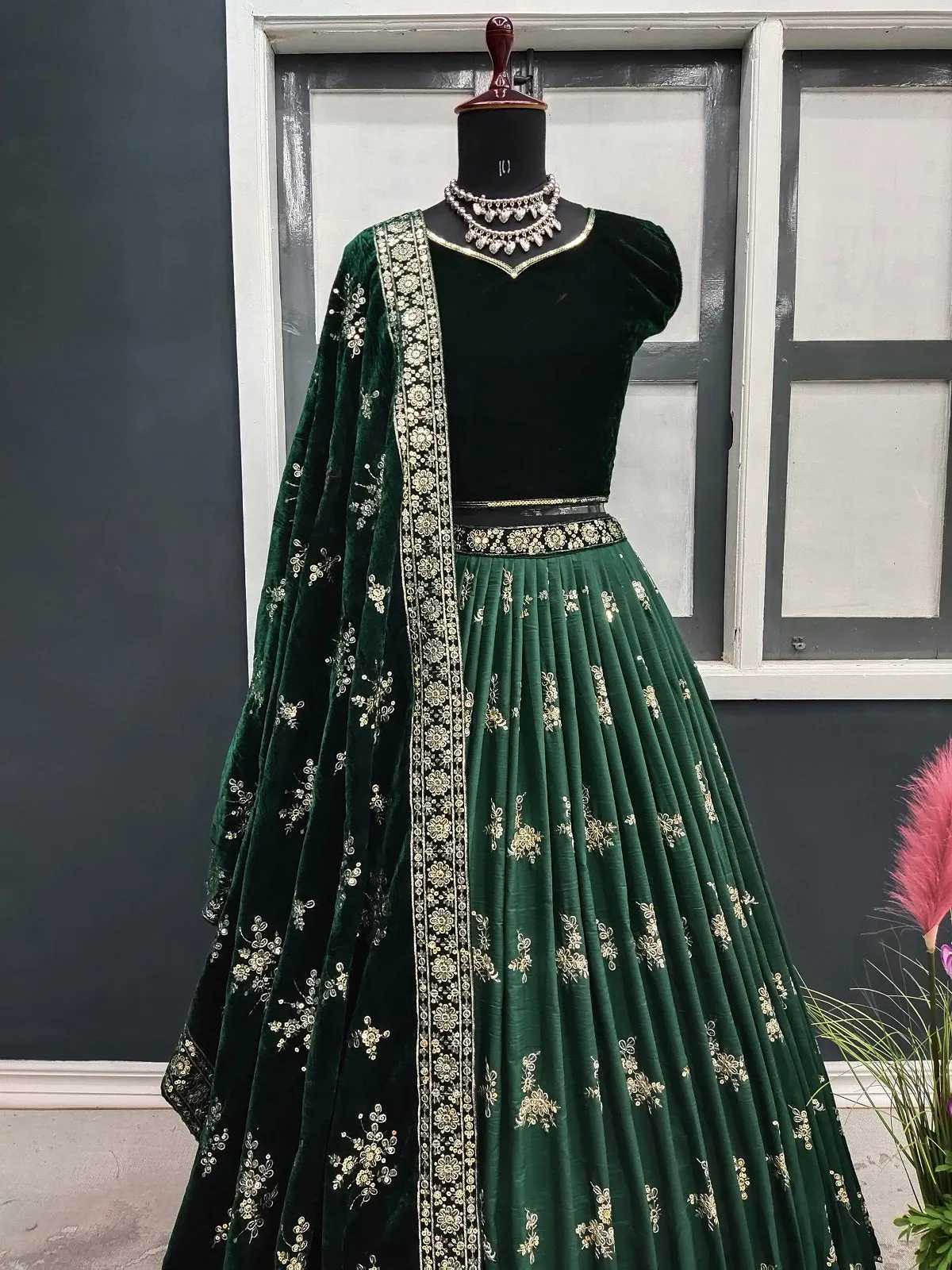 Green Color Sequence Work Silk Lehenga Choli With Velvet Dupatta