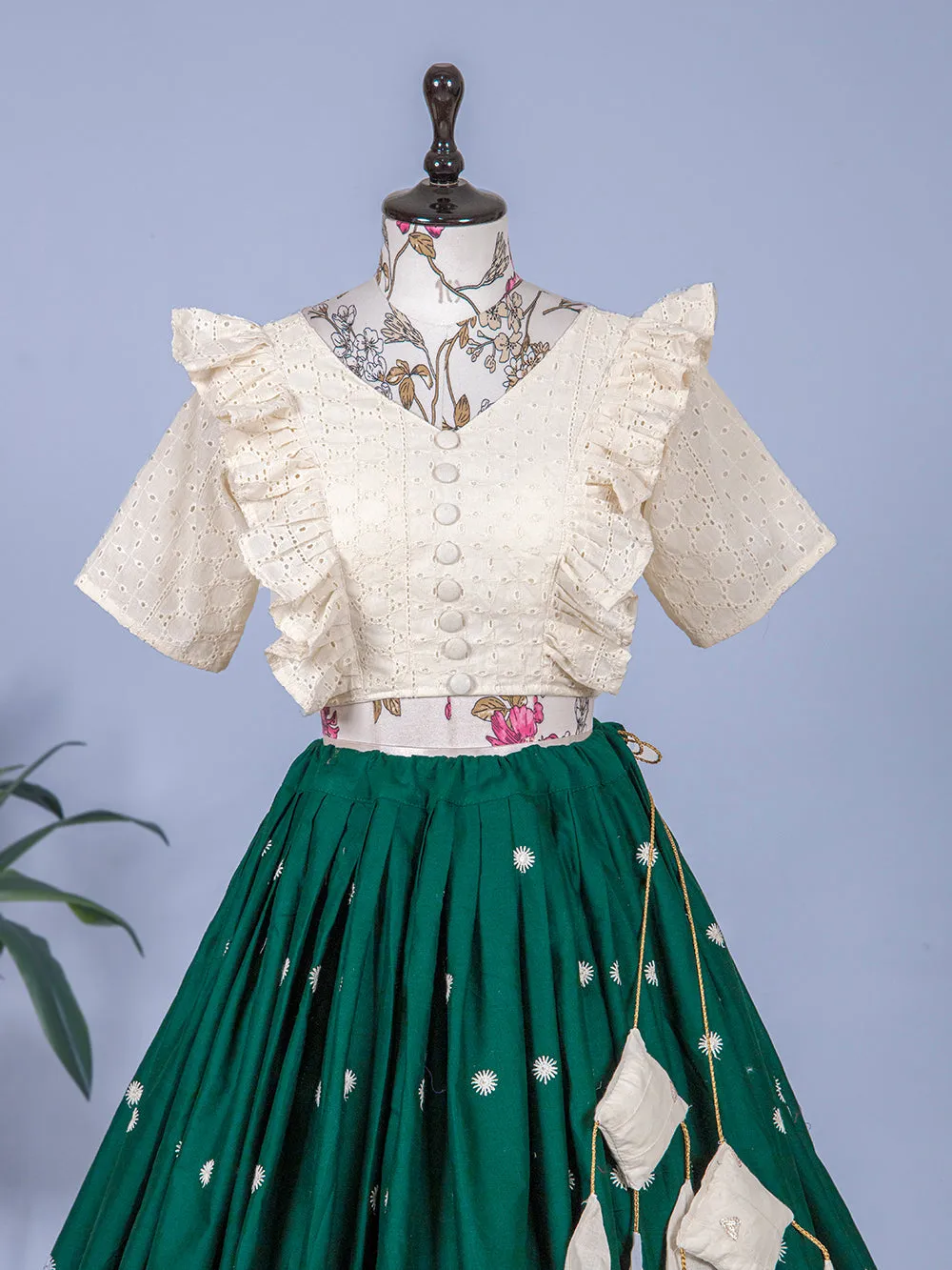 Green Color Sequins & Lucknowi Work Pure Cotton Two Piece Lehenga Choli