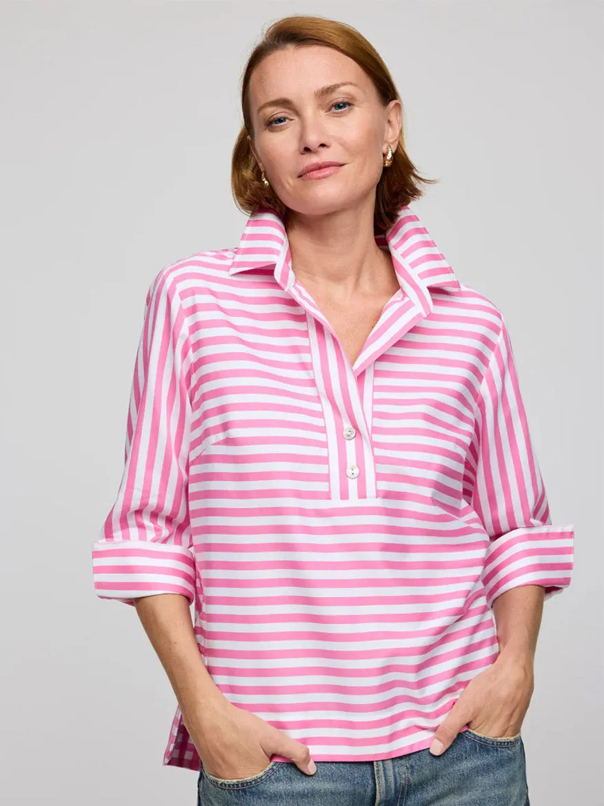 Hinson Wu Aileen 3/4 Sleeve Stripe/Check Combo Top in Guava/White