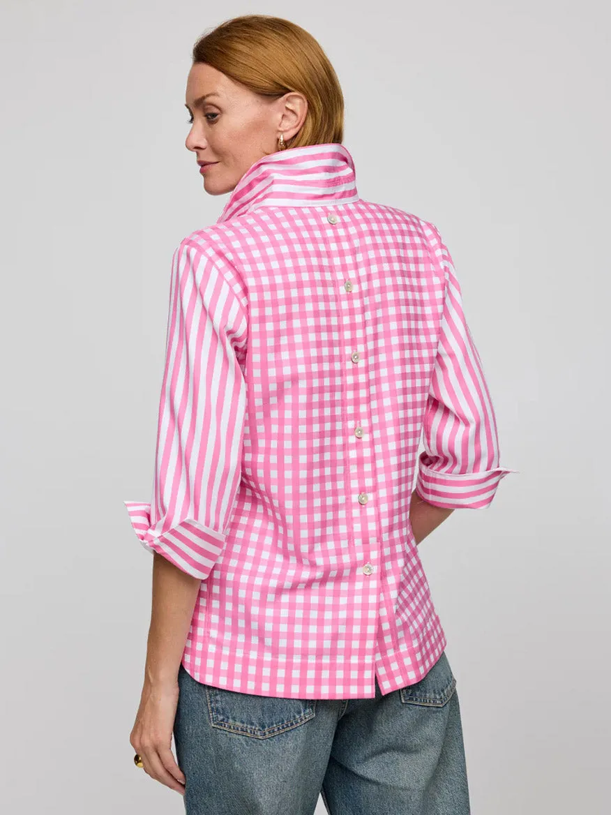Hinson Wu Aileen 3/4 Sleeve Stripe/Check Combo Top in Guava/White