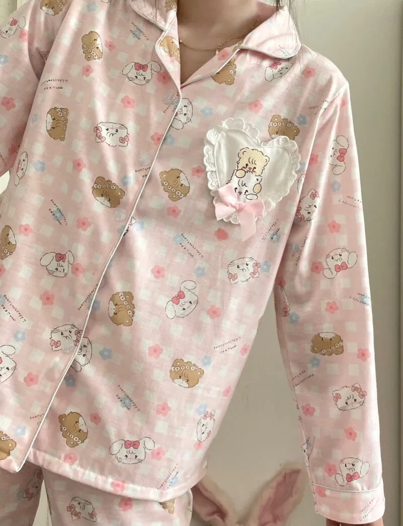 Kawaii Pink Japanese Cartoon Bear Print Pajama Set