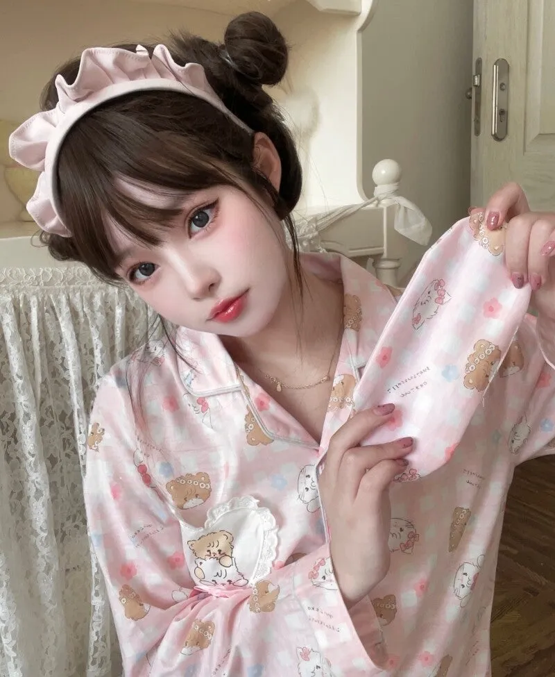 Kawaii Pink Japanese Cartoon Bear Print Pajama Set