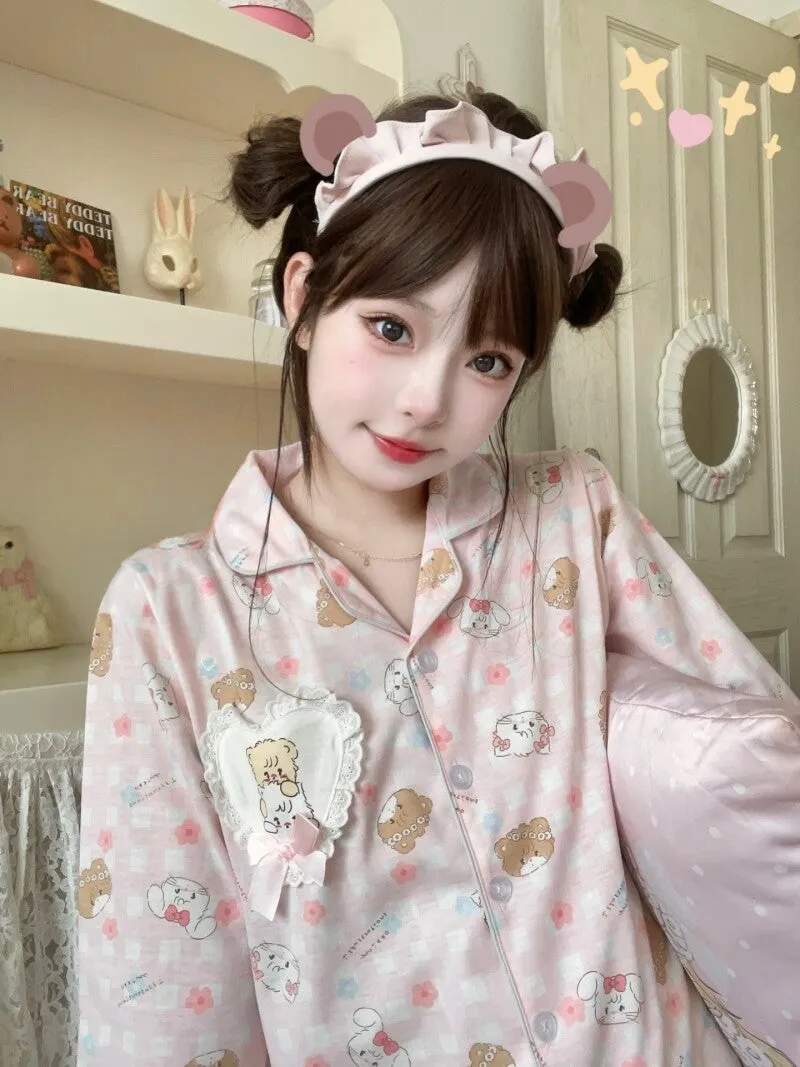 Kawaii Pink Japanese Cartoon Bear Print Pajama Set