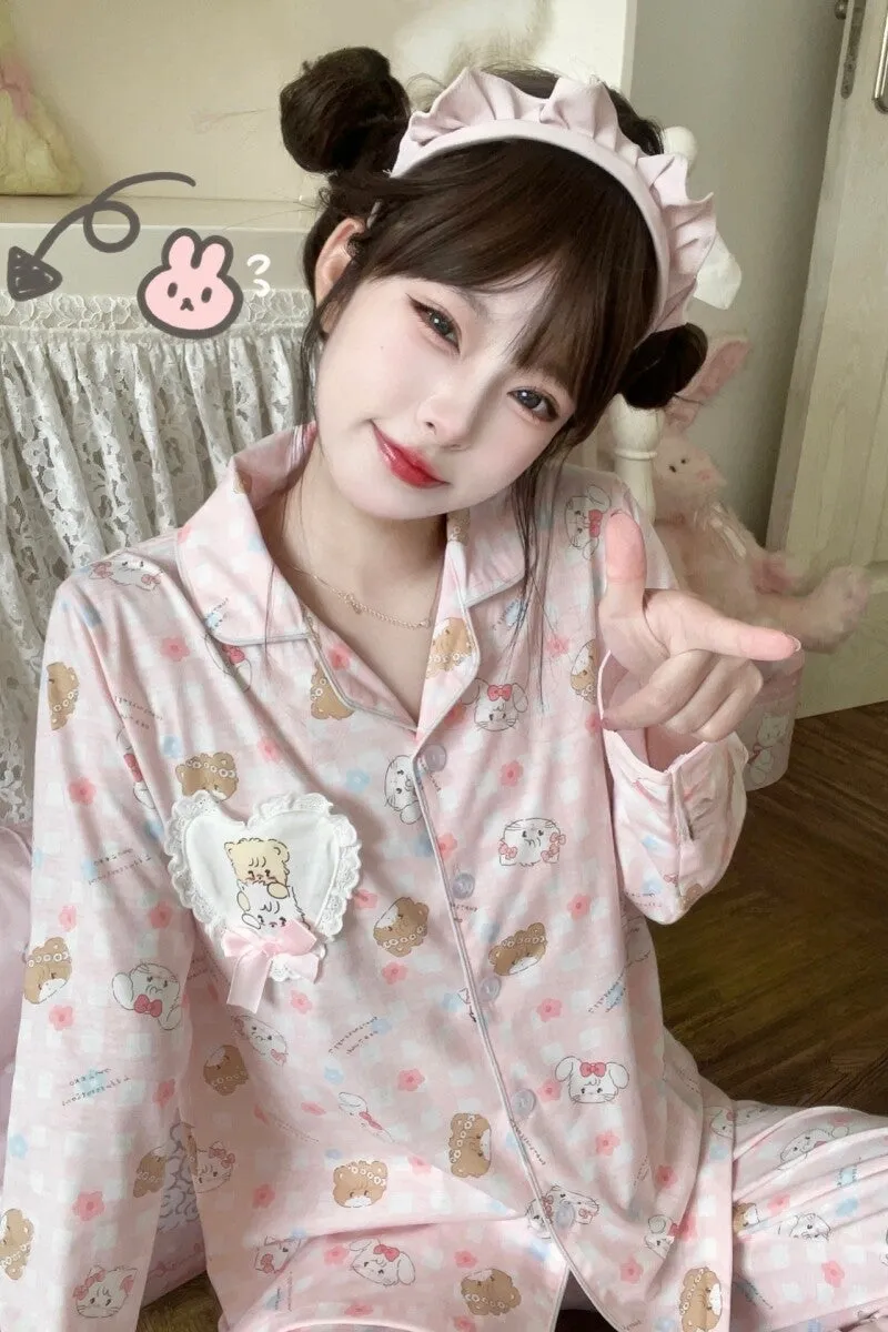 Kawaii Pink Japanese Cartoon Bear Print Pajama Set