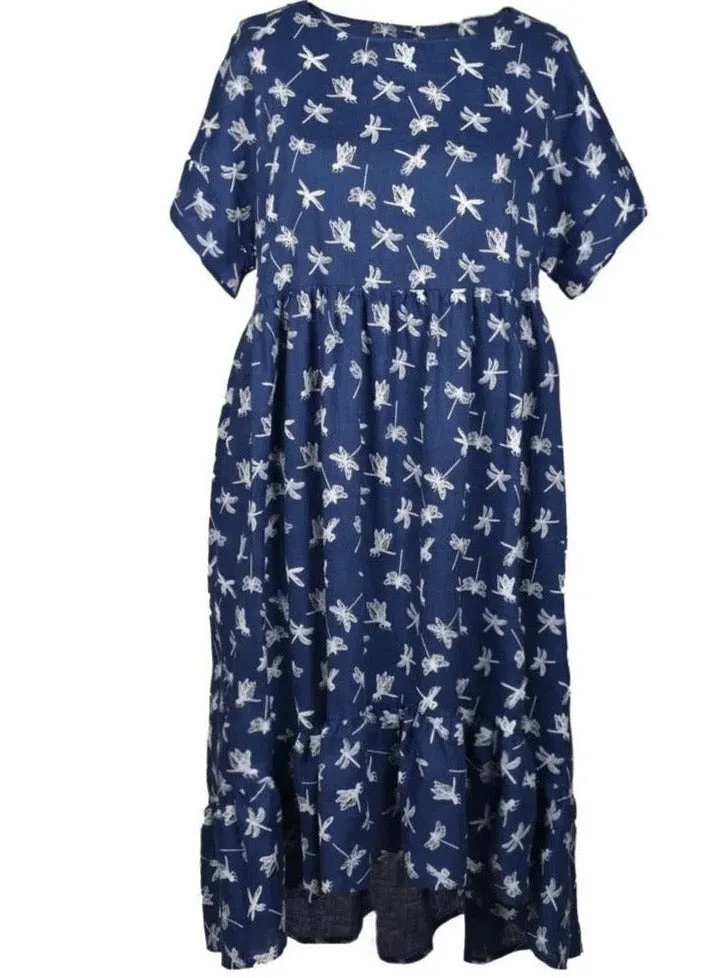Linen Dress Emma Green Navy Dragonfly Print