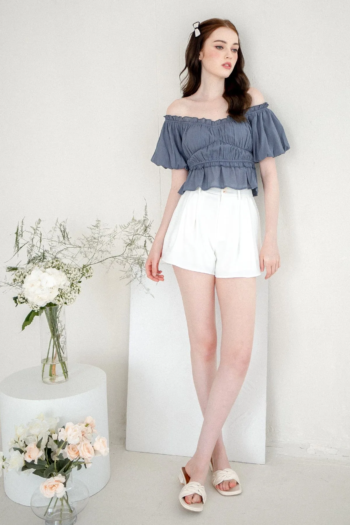 LONDYN PUFF SLEEVE TOP IN STEEL BLUE