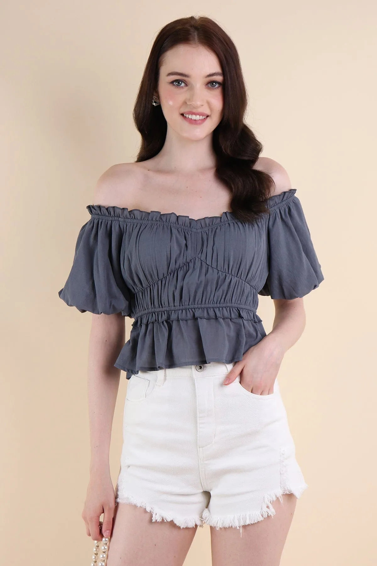 LONDYN PUFF SLEEVE TOP IN STEEL BLUE