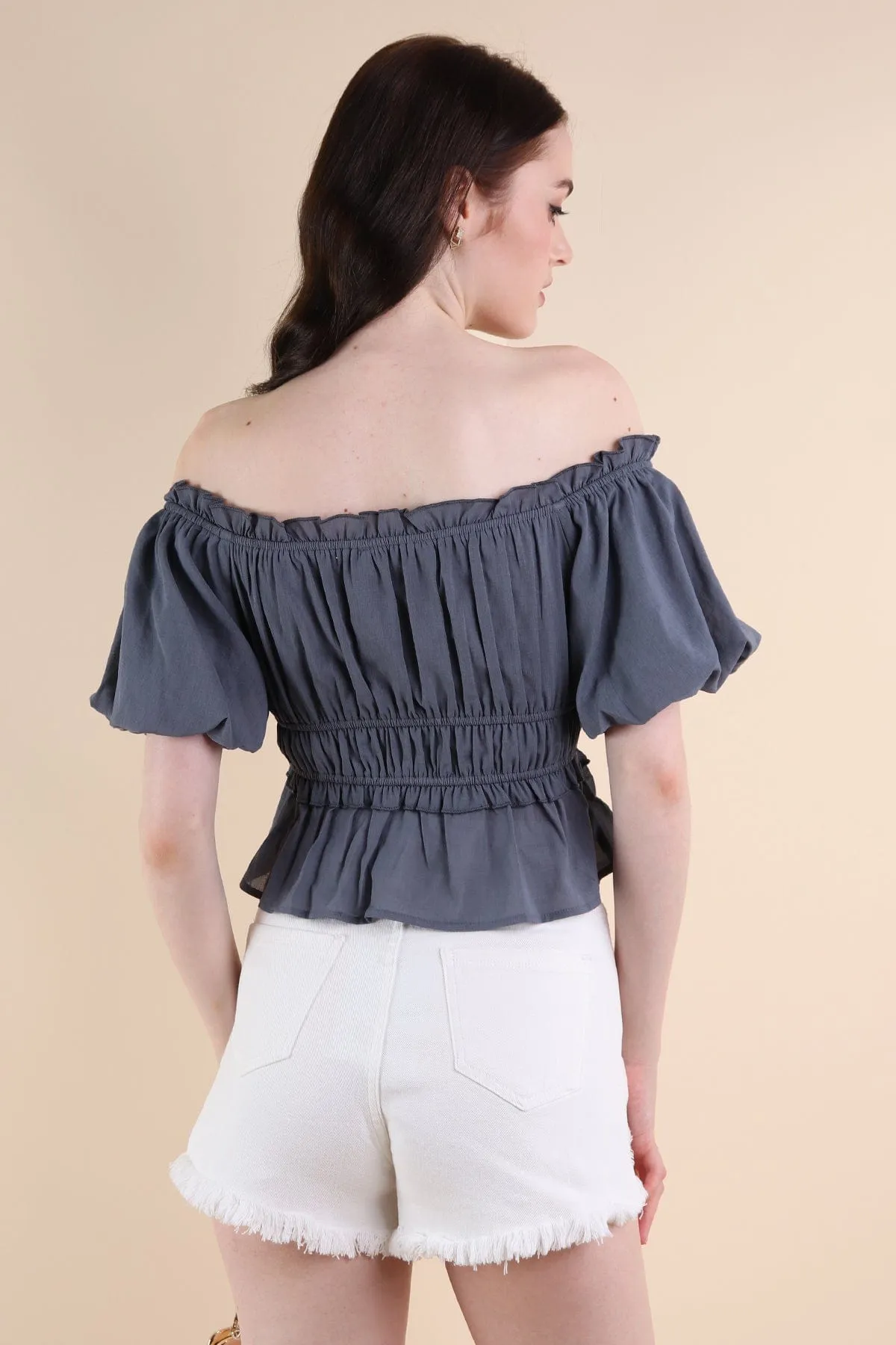 LONDYN PUFF SLEEVE TOP IN STEEL BLUE