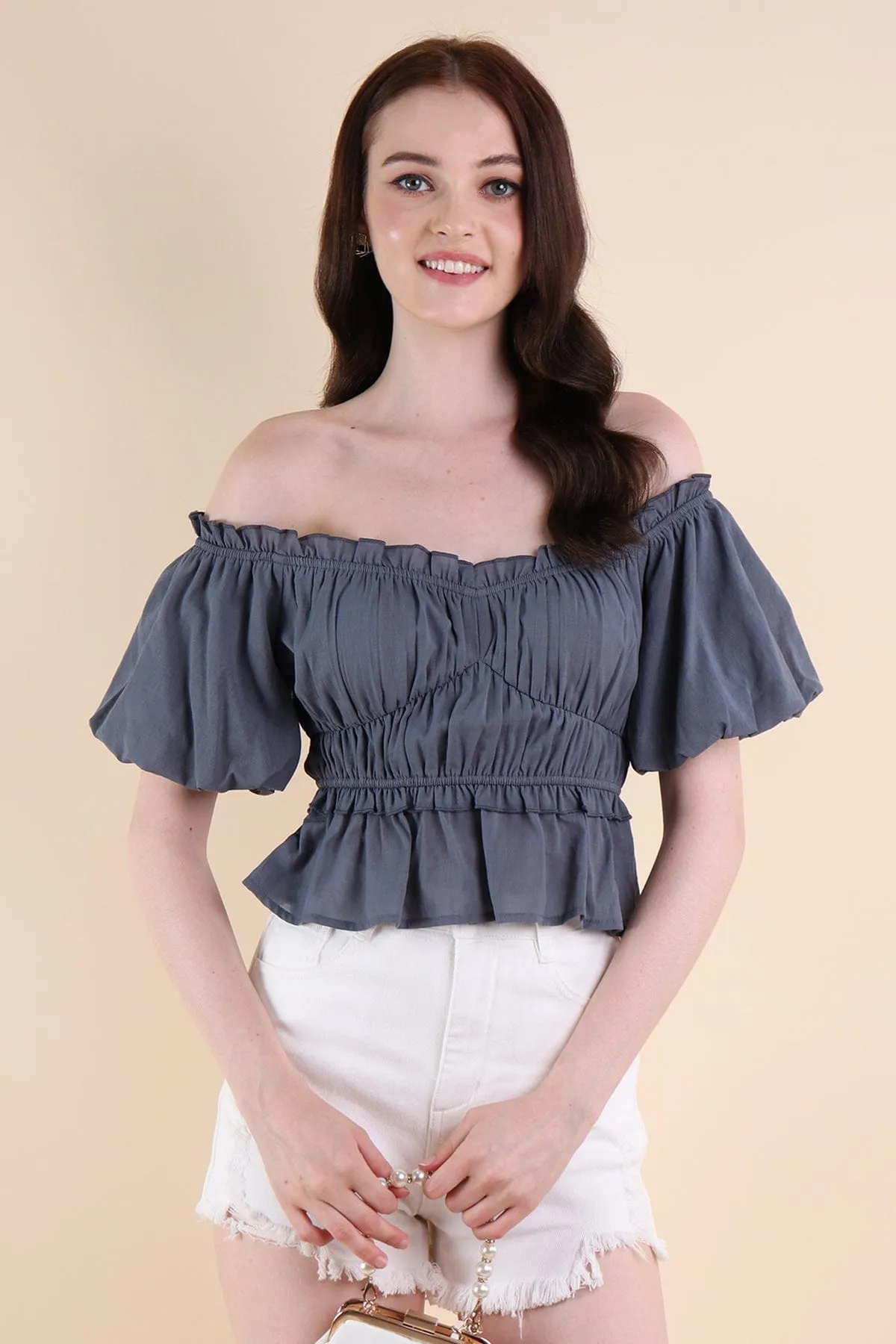 LONDYN PUFF SLEEVE TOP IN STEEL BLUE