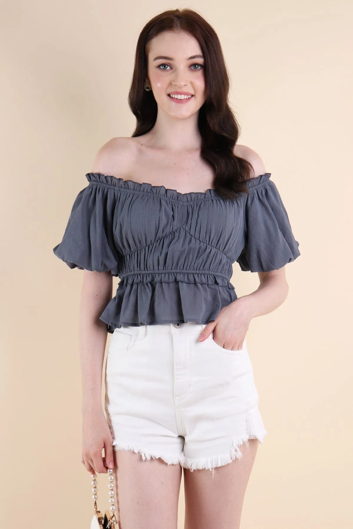 LONDYN PUFF SLEEVE TOP IN STEEL BLUE